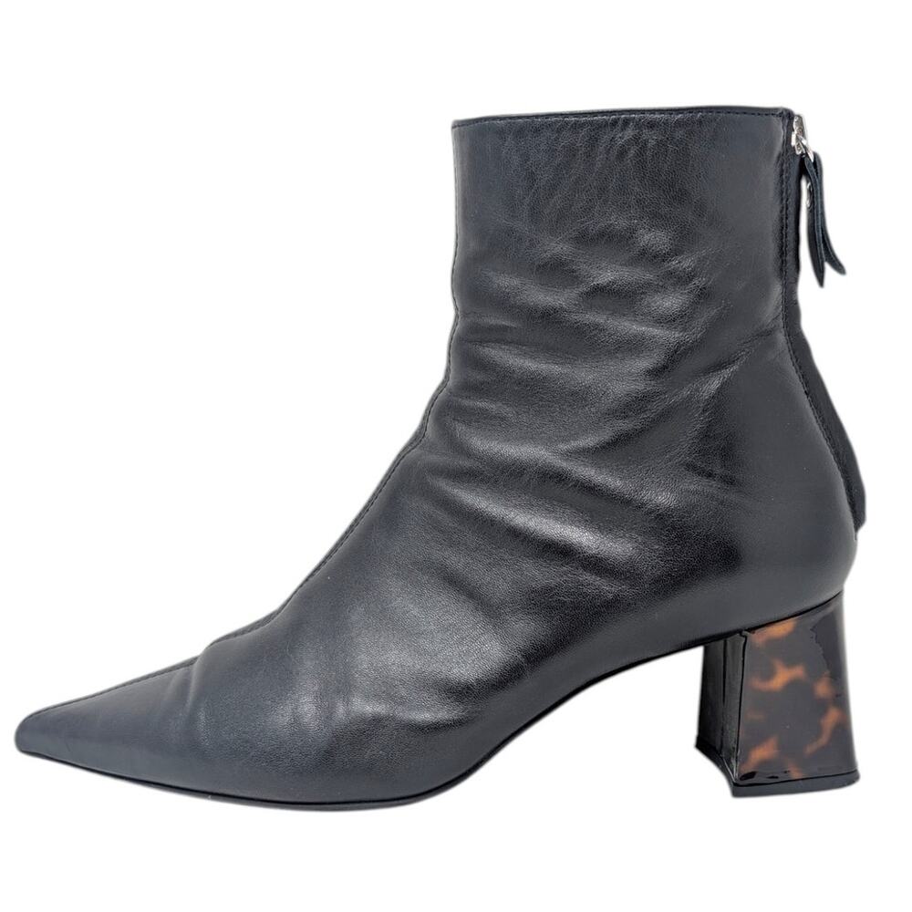 AGL Nora Black Leather Ankle Boots EU 39 Pointed Toe Tortoise Heel‎